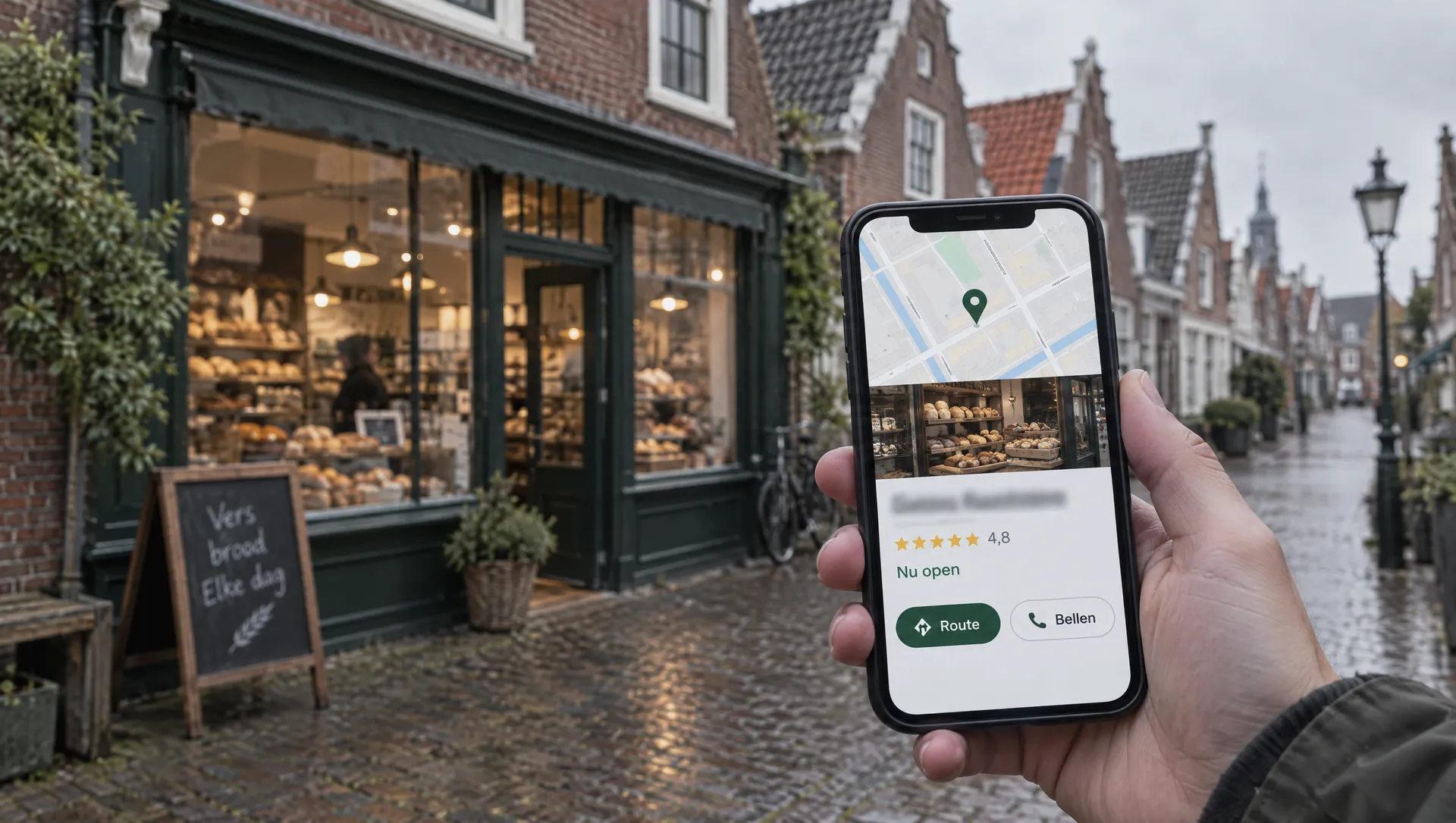 Hand met een smartphone in een winkelstraat, met op het scherm het bedrijfsprofiel van de bakkerij op de achtergrond: 4,8 sterren, nu open, knoppen voor route en bellen