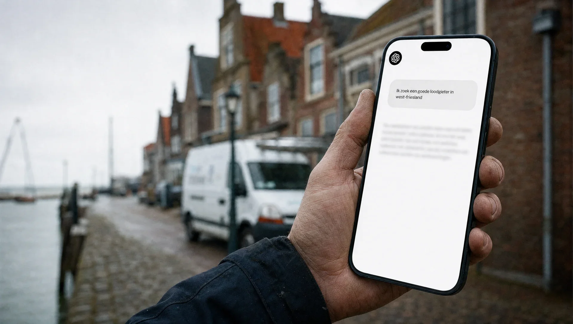Hand met een smartphone waarop iemand in ChatGPT vraagt naar een goede loodgieter in West-Friesland